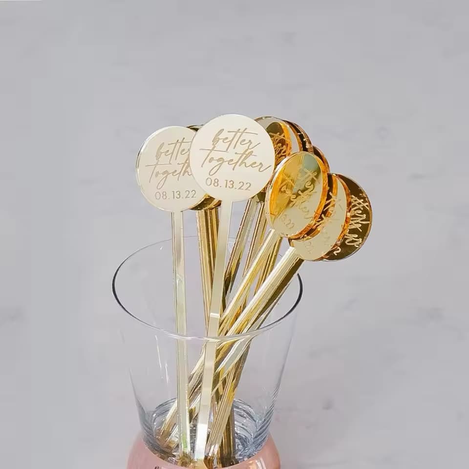 BULK LOT 50pcs Gold Round Personalised Wedding Drink Stirrers